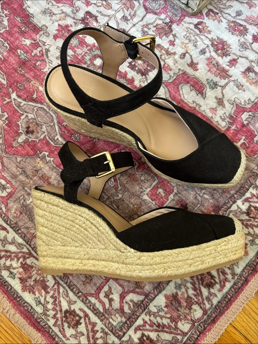 Time and Tru Black Espadrille Wedge Sandals with Gold Buckle